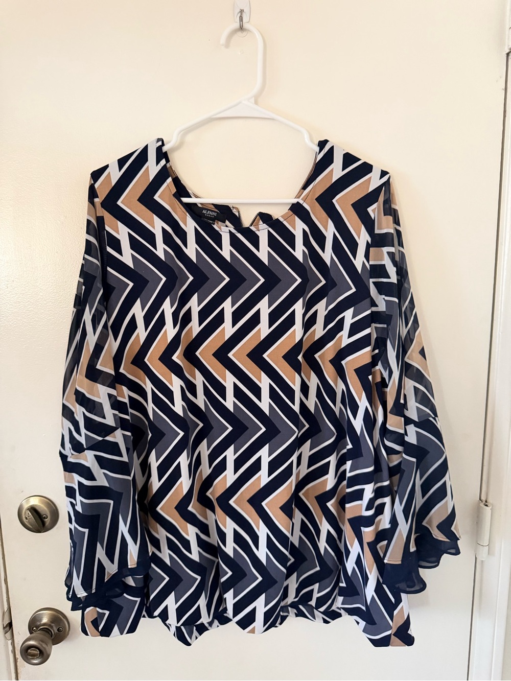 Alfani Navy, Tan & White Geometric Flow Tunic